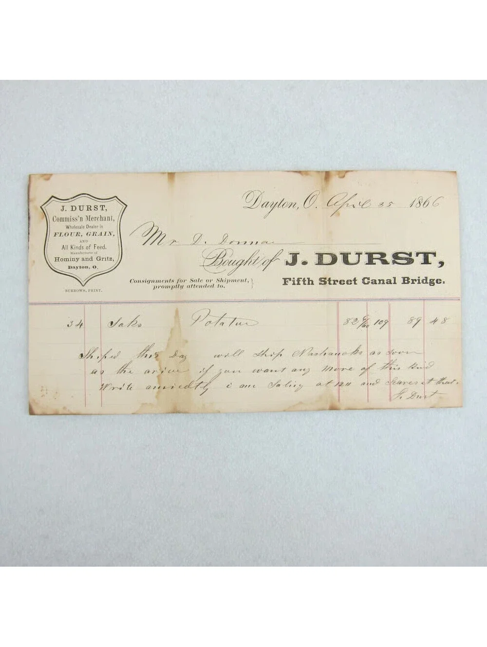 Antique 1866 J. Durst Wholesale Dealer Flour & Grain Dayton Ohio Receipt Invoice